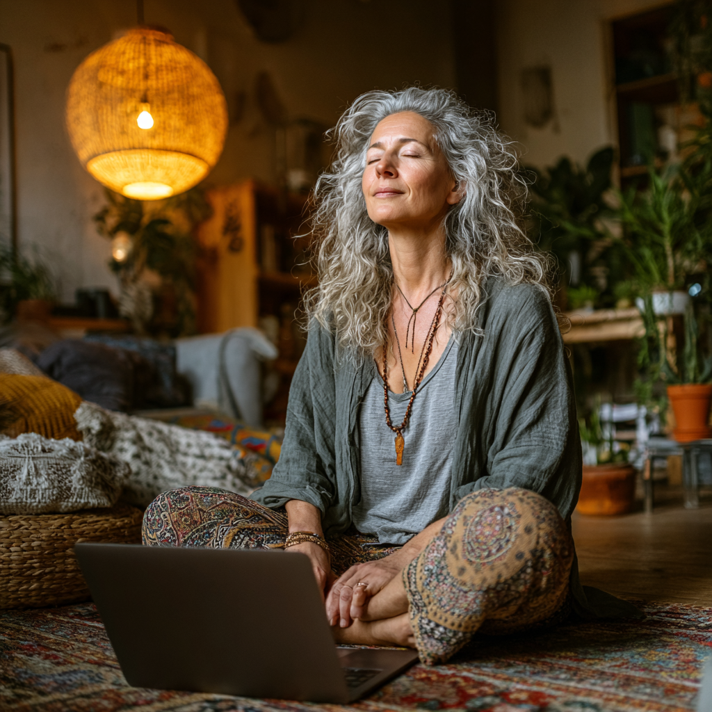 Жінка віком 52 роки займається йогою вдома онлайн, дивлячись на екран ноутбука в затишній кімнаті з рослинами