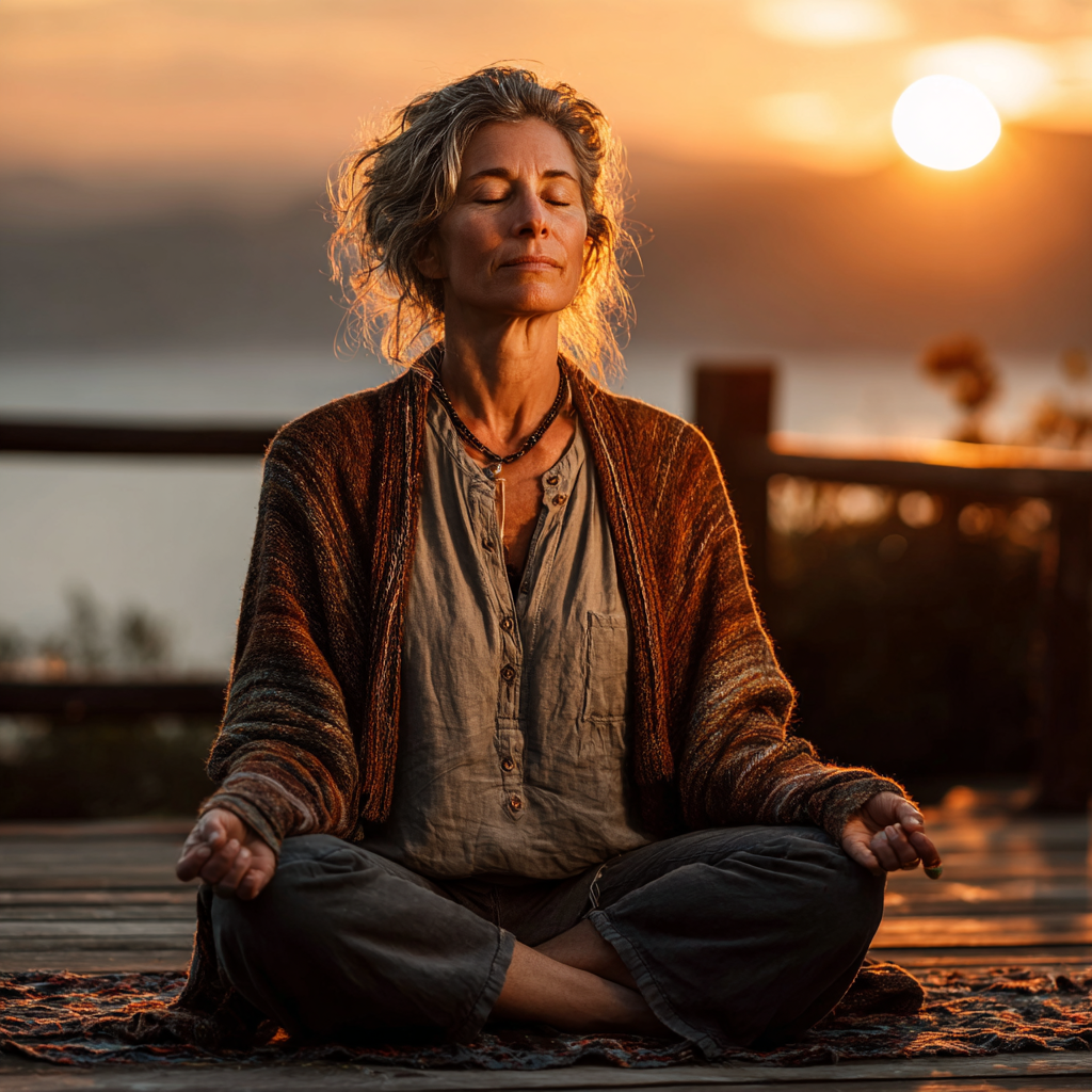 Жінка 55 років у позі лотоса під час медитації на світанку, демонструє внутрішній спокій та гармонію