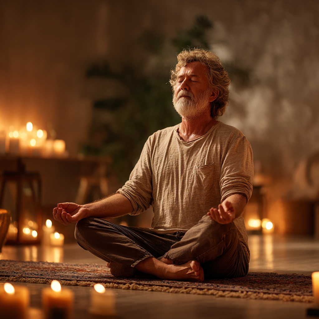 Чоловік 60 років медитує в позі лотоса в тихому куточку студії з м'яким природним освітленням та ароматичними свічками